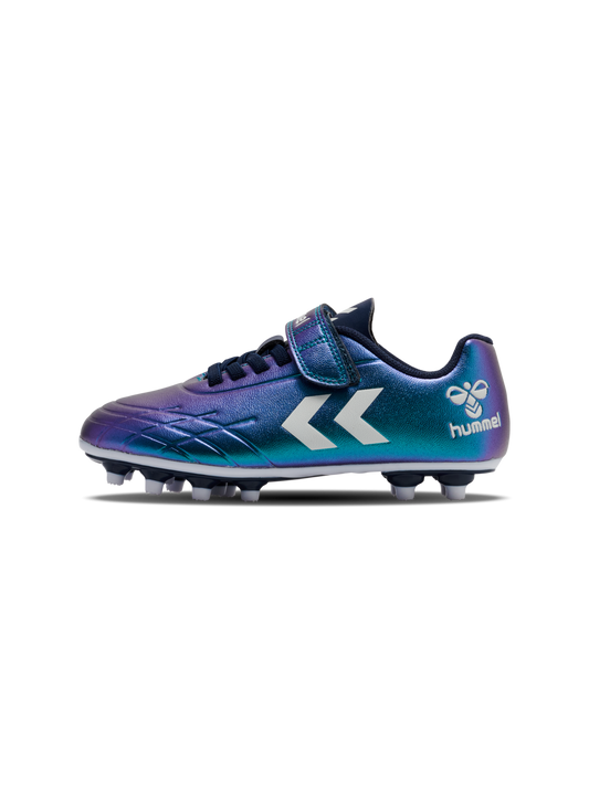 A football boot by Hummel, style Top Star F.G JR in green/multi with elastic laces, velcro strap and Hummel logo on side. Left side view