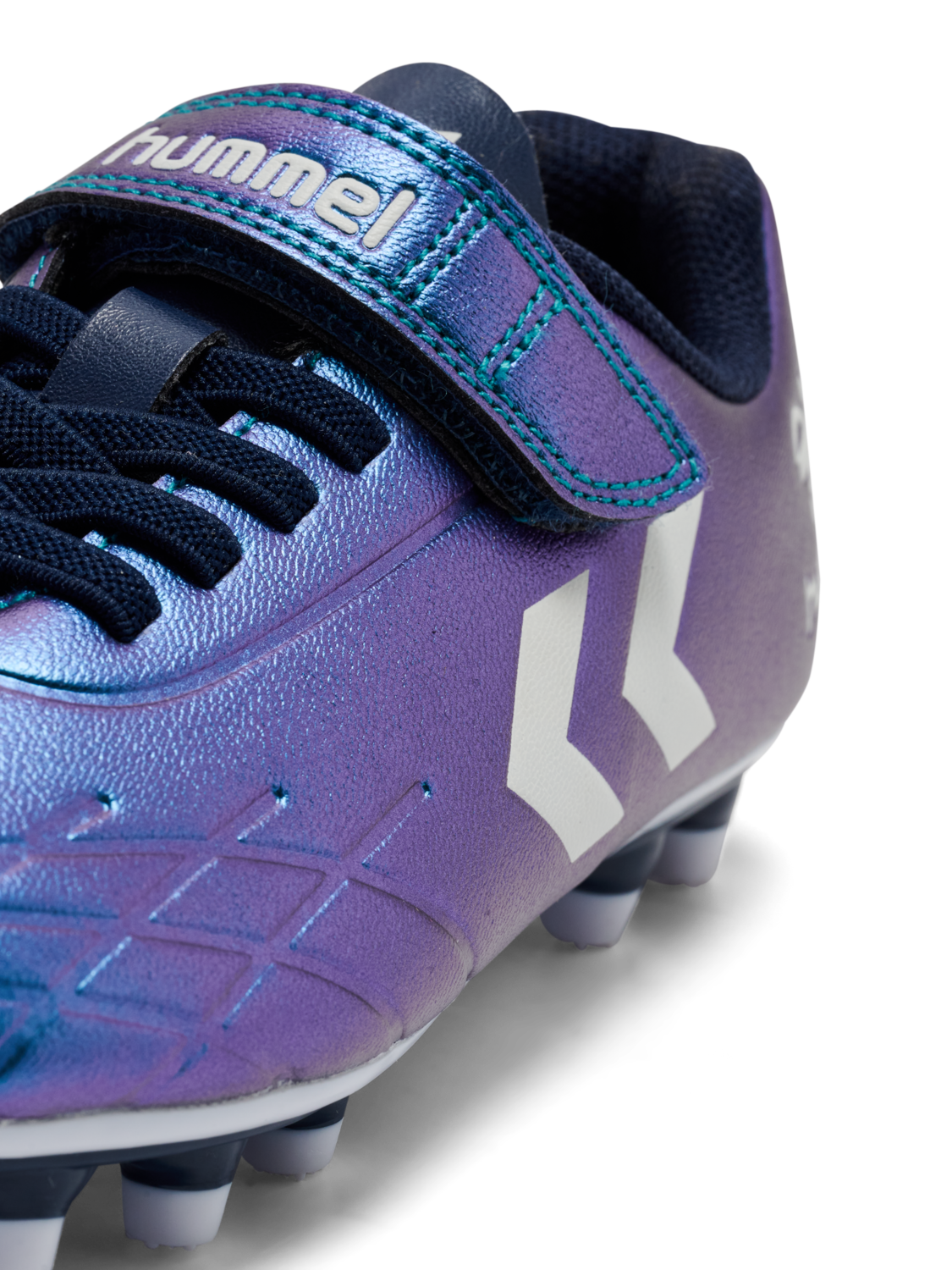 A football boot by Hummel, style Top Star F.G JR in green/multi with elastic laces, velcro strap and Hummel logo on side. Zoomed image of left side