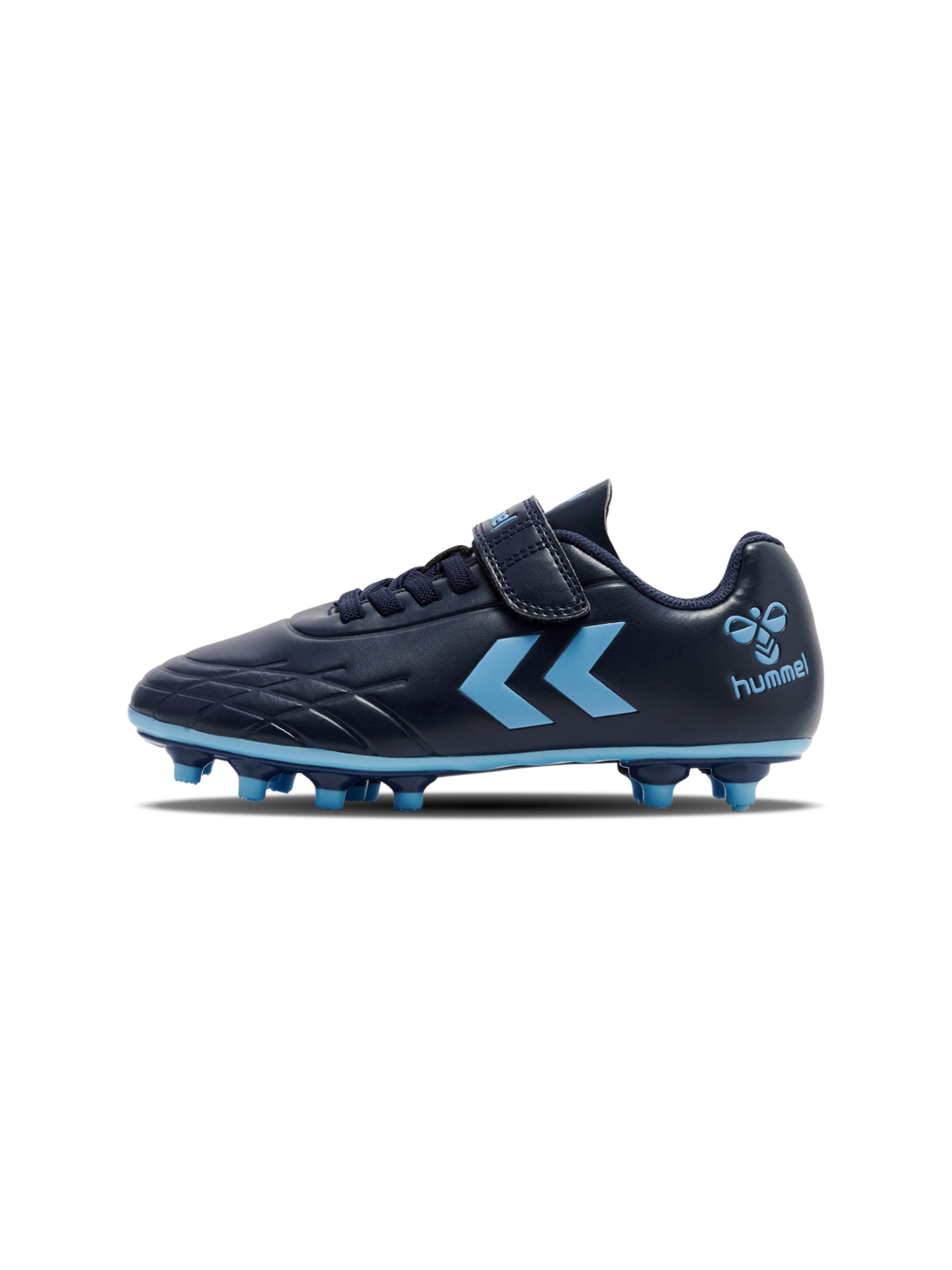 A firm ground football boot by Hummel, style Top Star F.G JR 216568-7381, in blue with velcro fastening. Right side view.