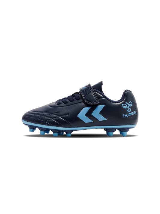 A firm ground football boot by Hummel, style Top Star F.G JR 216568-7381, in blue with velcro fastening. Right side view.