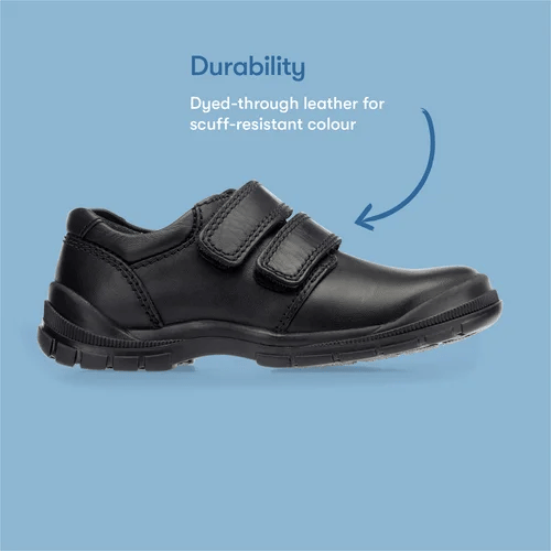 A boys school shoe by Start-Rite, style Engineer, in black leather with double velcro fastening. Right side view.