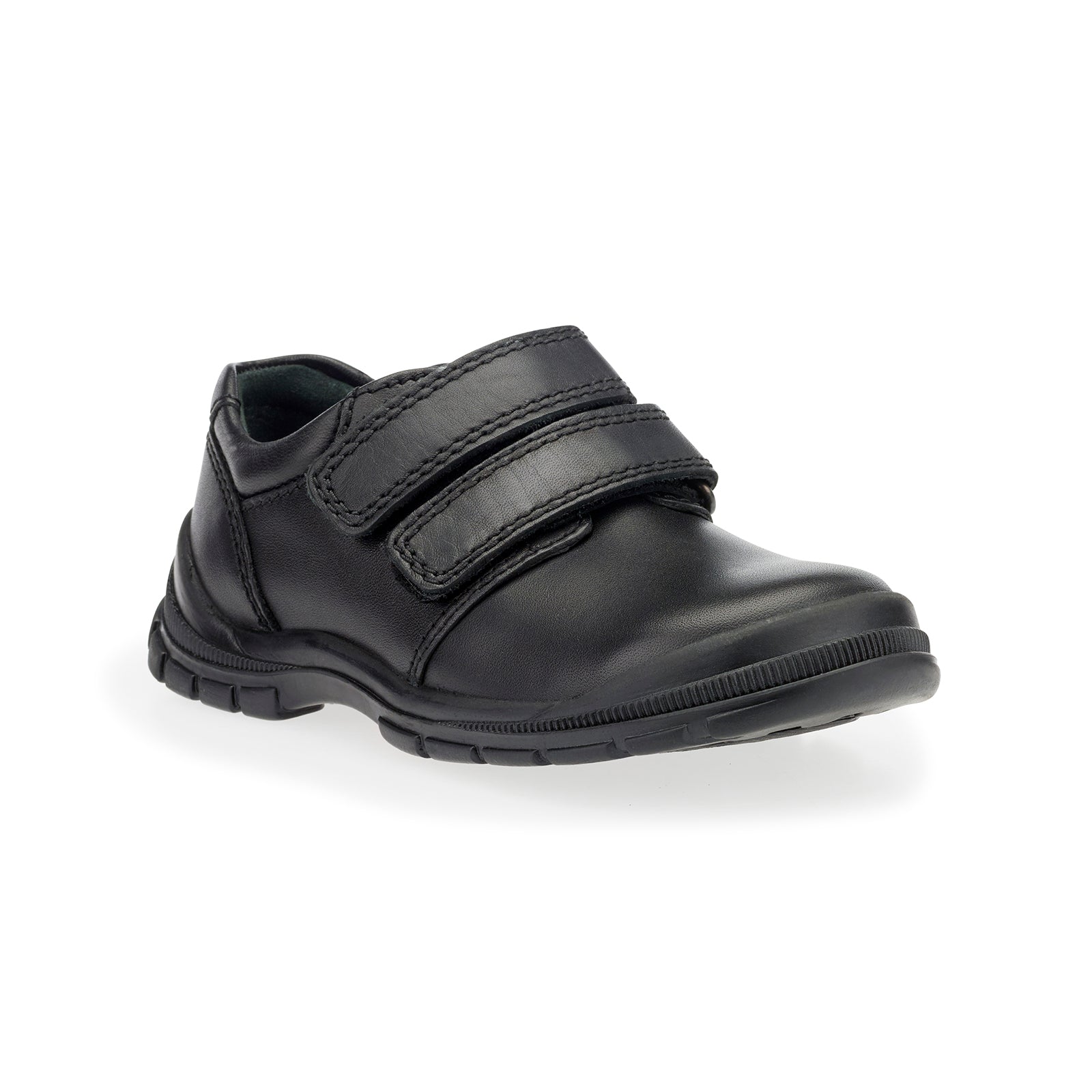 A boys school shoe by Start-Rite, style Engineer, in black leather with double velcro fastening. Angled right side view.