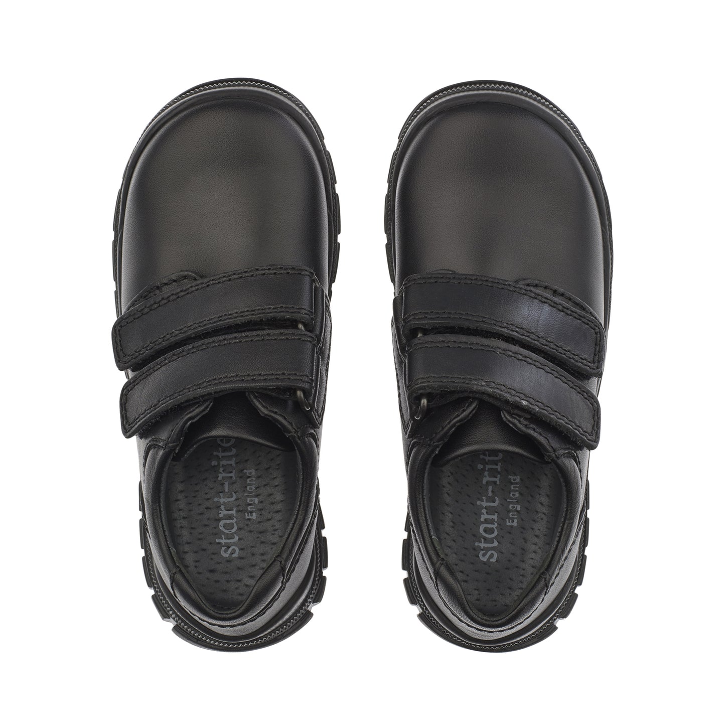A boys school shoe by Start-Rite, style Engineer, in black leather with double velcro fastening. View of pair.