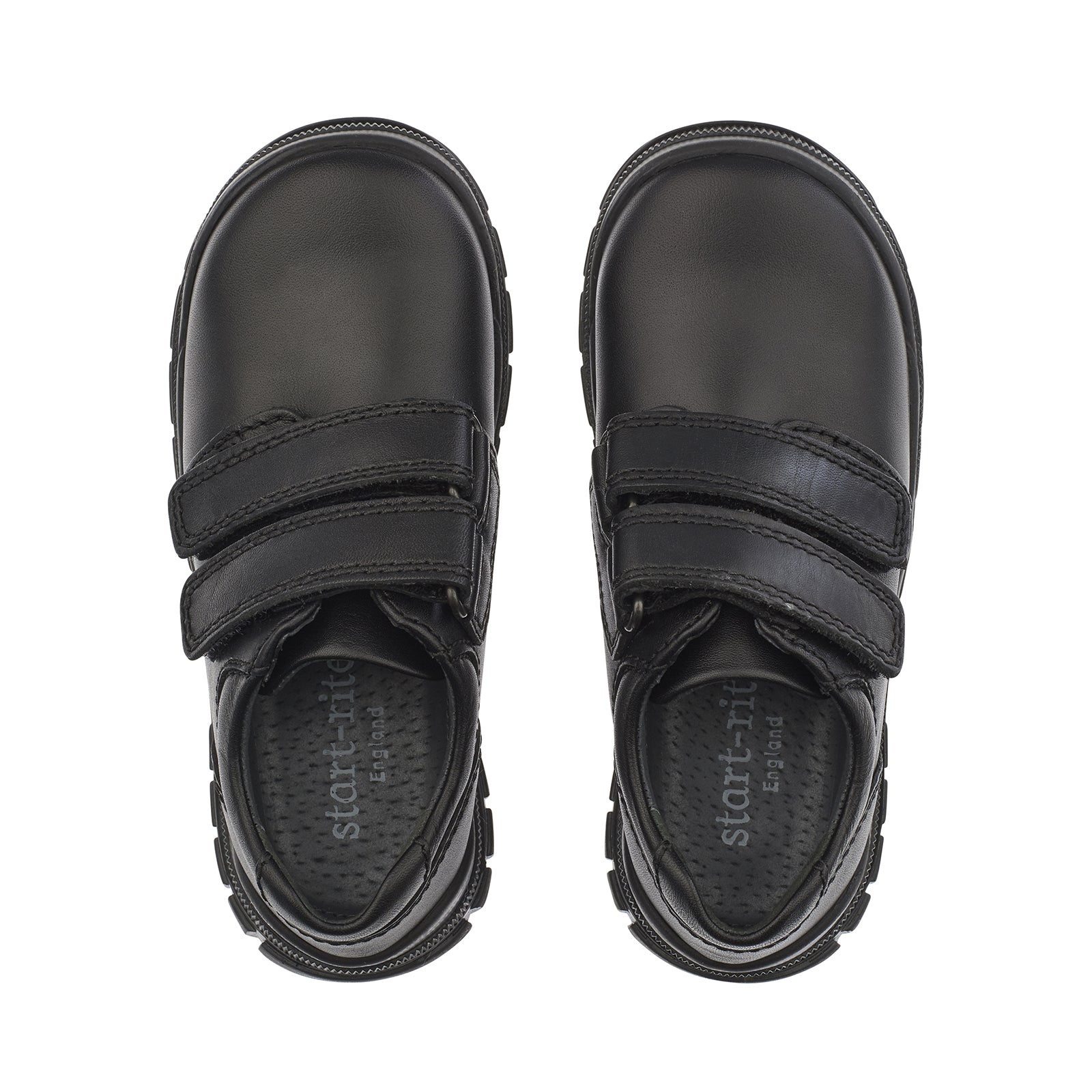 A boys school shoe by Start-Rite, style Engineer, in black leather with double velcro fastening. View of pair.