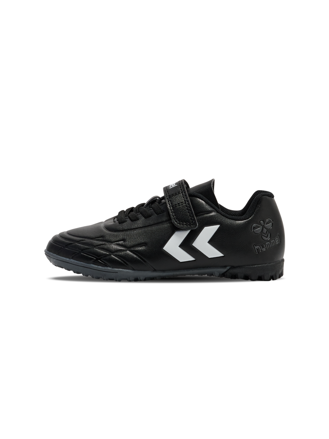 A astro turf football boot by Hummel, style Top Star Turf JR 228343-2267 in black with white trim with velcro fastening. Right side view.