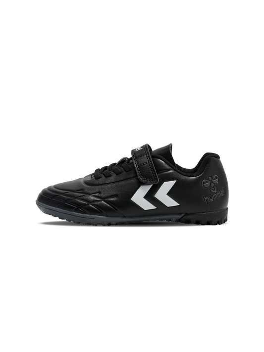 A astro turf football boot by Hummel, style Top Star Turf JR 228343-2267 in black with white trim with velcro fastening. Right side view.
