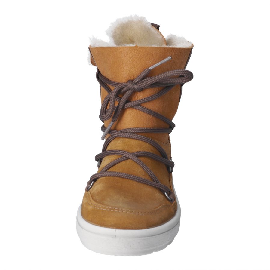 A girls/ladies pull on fur lined waterproof boot in tan nubuck  with brown tie detail. Front View.