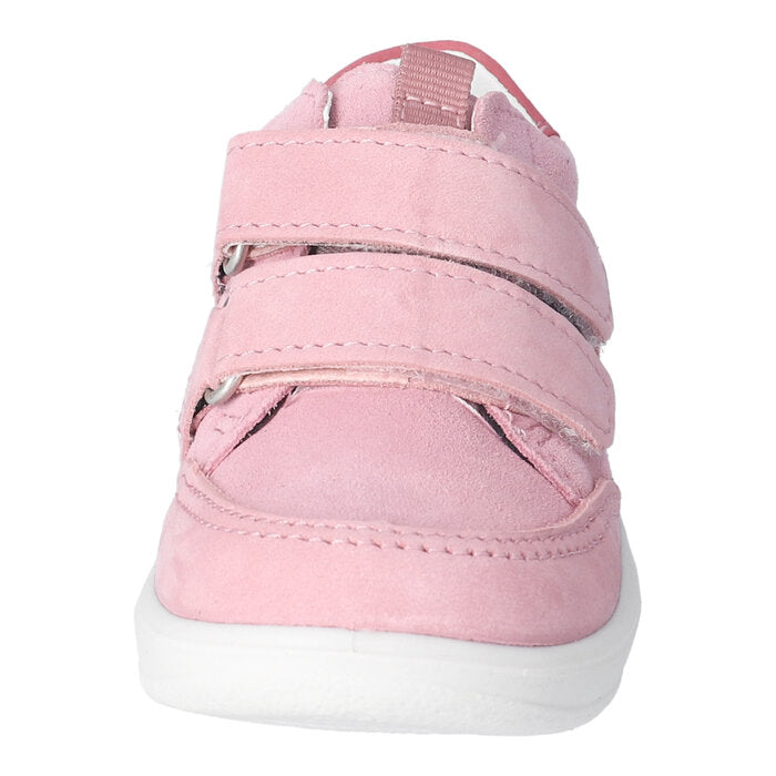 A girls mid-top waterproof boot by Ricosta, style Kito 50 2003202/330, in pale pink with bright pink trim and double Velcro fastening. Front view.