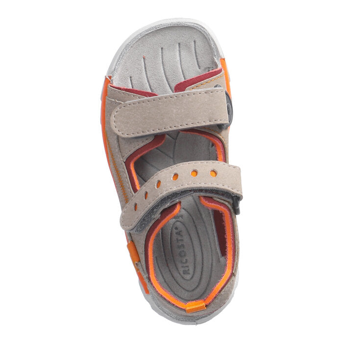 A boys sandal by Ricosta, style Tajo in tundra/burgundy with two velcro straps and orange detailing. Top view