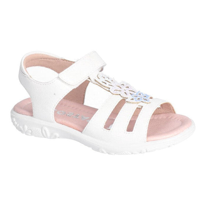 An open toe sandal by Ricosta, style Celina, in iridescent white with a velcro fastening. Right side view.