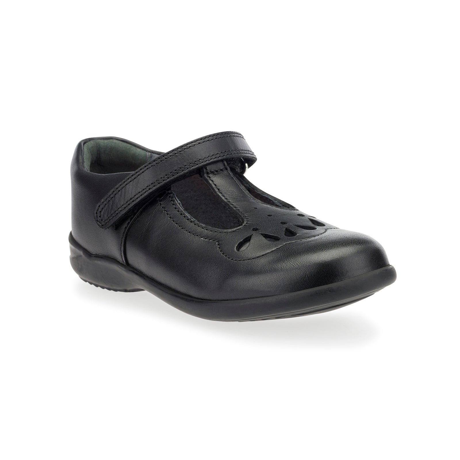 A girls T-Bar school shoe by Start-Rite, style Poppy, in black leather with velcro fastening and cut out tear drop detail to upper. Angled right side view.