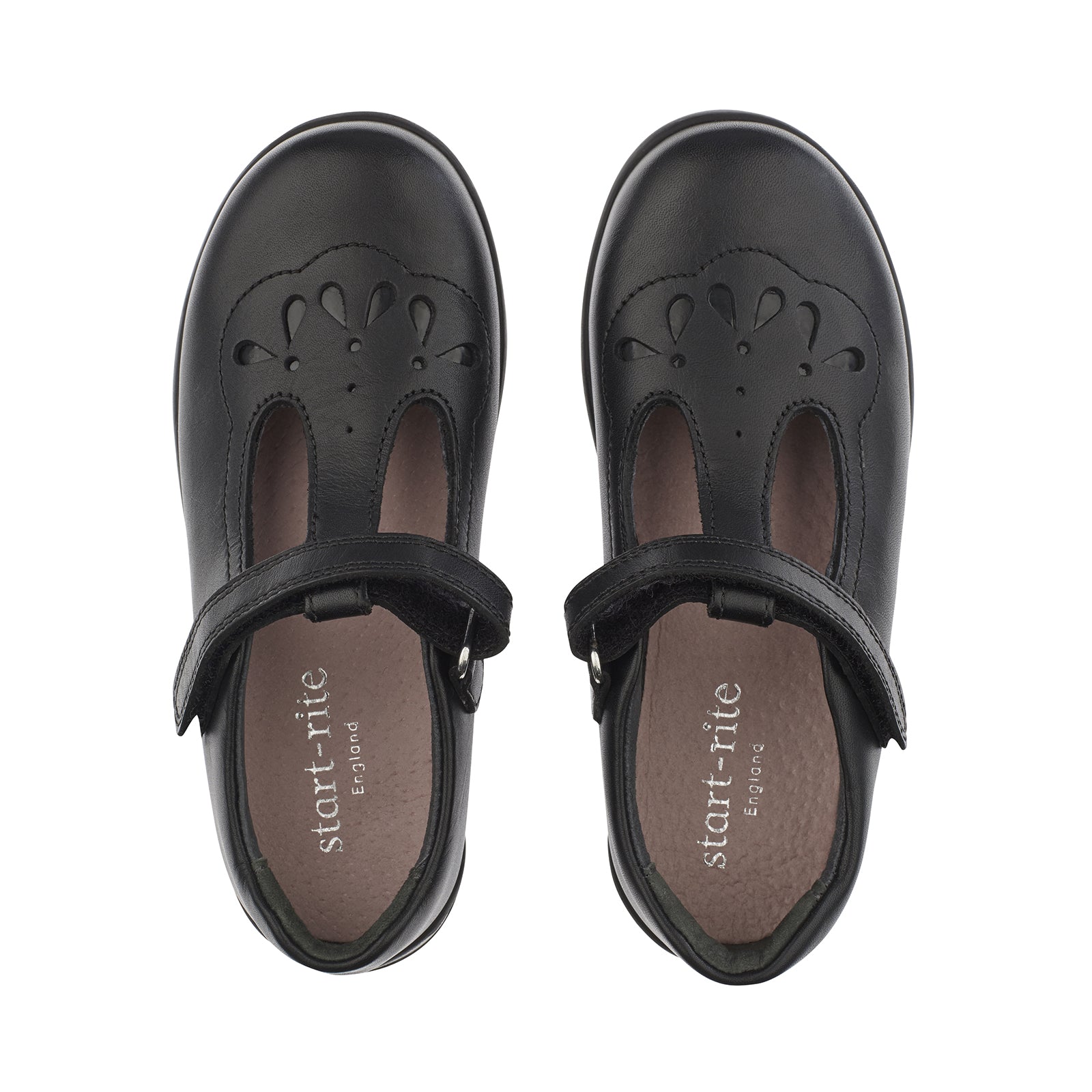 A pair of girls T-Bar school shoes by Start-Rite, style Poppy, in black leather with velcro fastening and cut out tear drop detail to upper. Right side view.