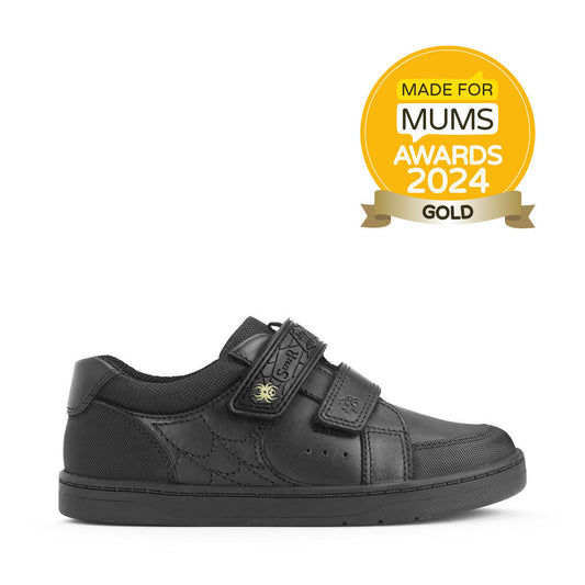 A boys school shoe by Start-Rite, style Spider Web, in black leather with toe bumper and spider motif. Right side view.