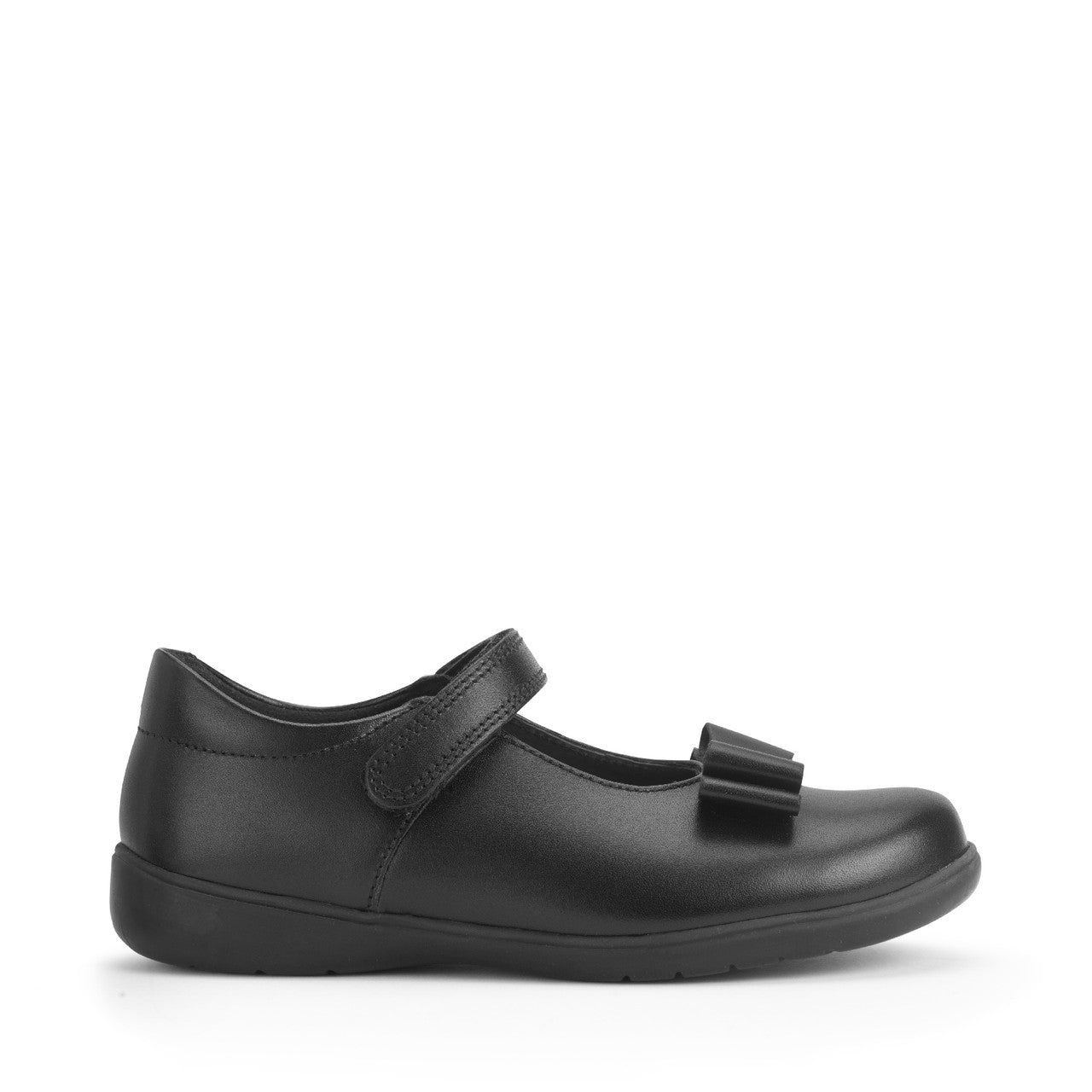 A girls T-Bar school shoe by Start-Rite, style Bella in black with bow detail and velcro fastening. Right side view.