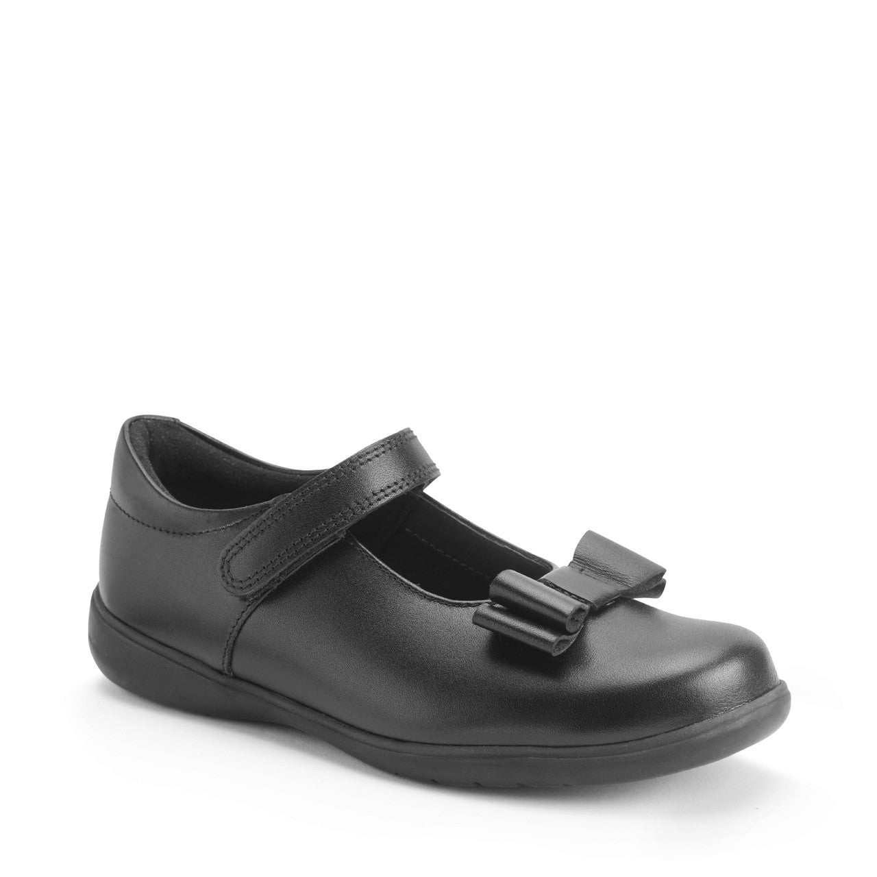 A girls T-Bar school shoe by Start-Rite, style Bella in black with bow detail and velcro fastening. Right angled view.