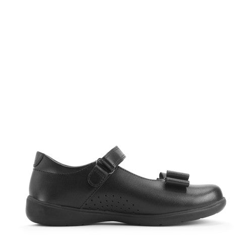 A girls T-Bar school shoe by Start-Rite, style Bella in black with bow detail and velcro fastening. Left side view.