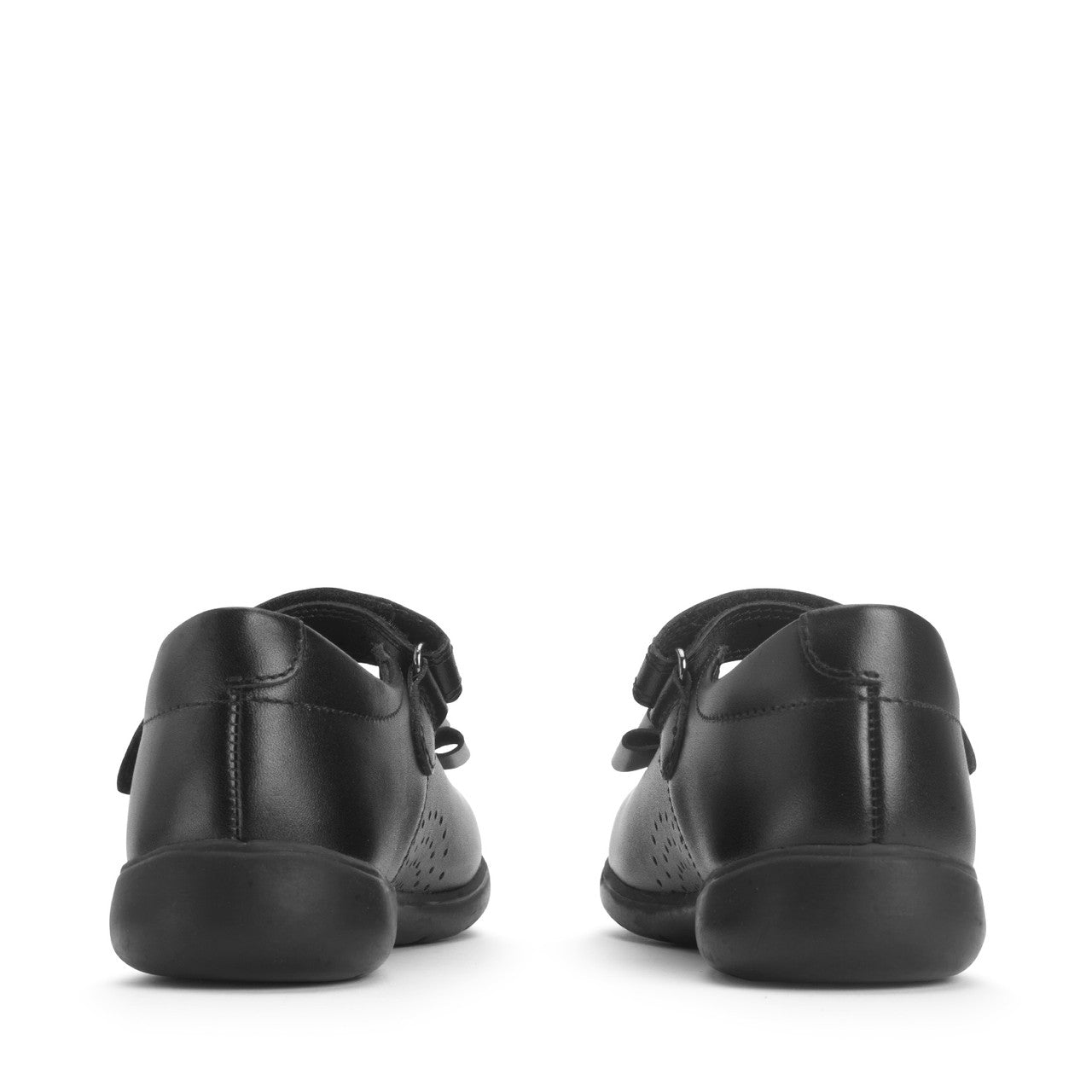 A girls T-Bar school shoe by Start-Rite, style Bella in black with bow detail and velcro fastening. View of pair from behind.
