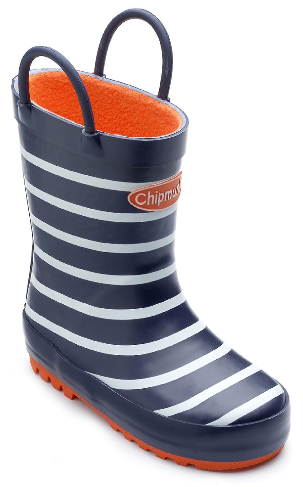 A unisex fleece lined welly by Chipmunks, style Jack, in navy, white and orange. Angled view.