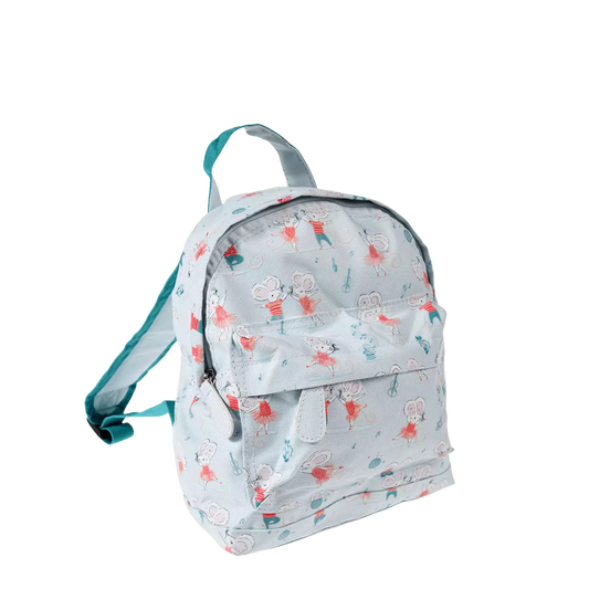 A childs backpack by Rex London, style Mimi and Milo, in blue with multi dancing mice print. Two compartments and zip fastening. Angled view.