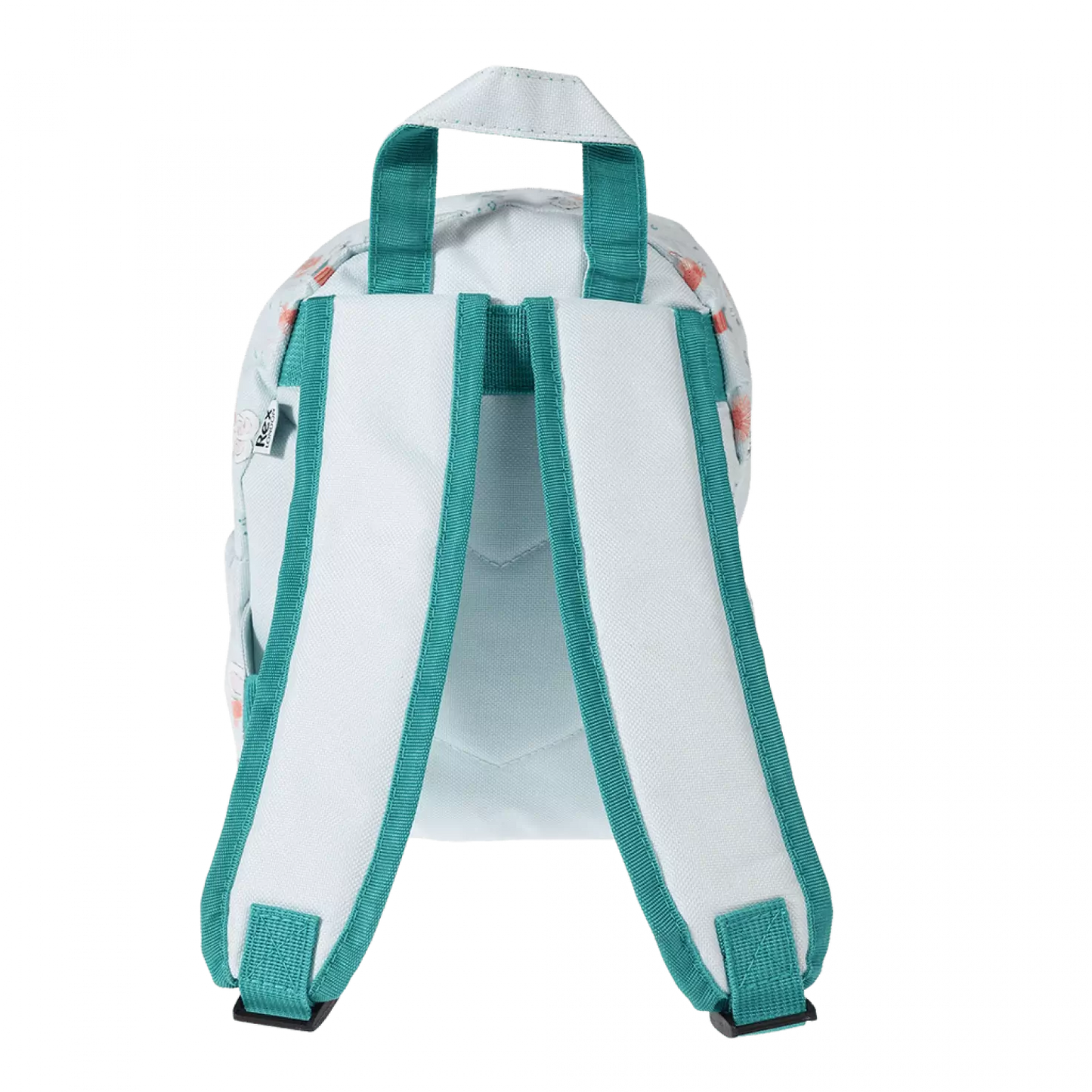 A childs backpack by Rex London, style Mimi and Milo, in blue with multi dancing mice print. Two compartments and zip fastening. Back view of padded straps.