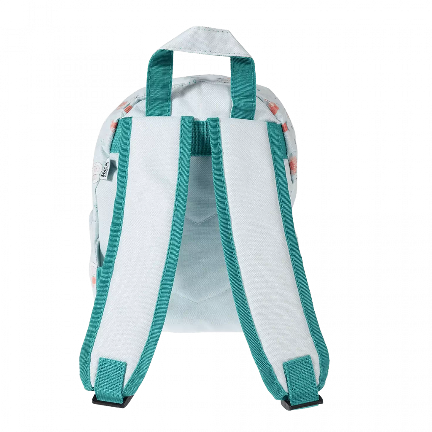 A childs backpack by Rex London, style Mimi and Milo, in blue with multi dancing mice print. Two compartments and zip fastening. Back view of padded straps.