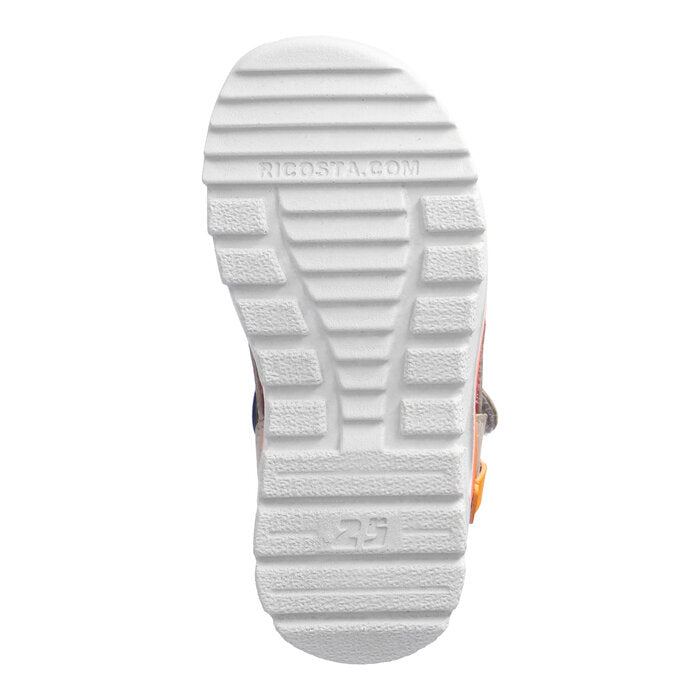 A boys sandal by Ricosta, style Tajo in tundra/burgundy with two velcro straps and orange detailing. View of sole