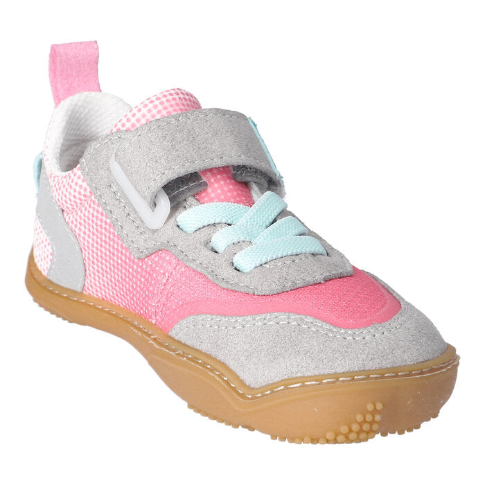 A girls casual shoe by Ricosta, style Fichte in light grey/flower with vecro strap and elastic laces. Left side view