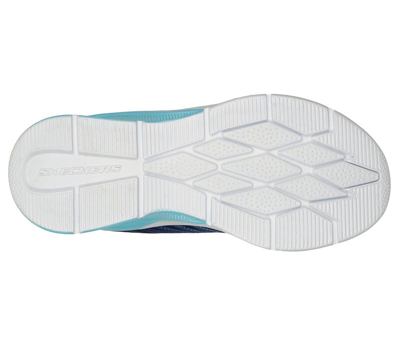 A girls trainer by Skechers, style Microspec Rejoice Racer, in Navy with stretch lace and velcro fastening.  View of white sole.
