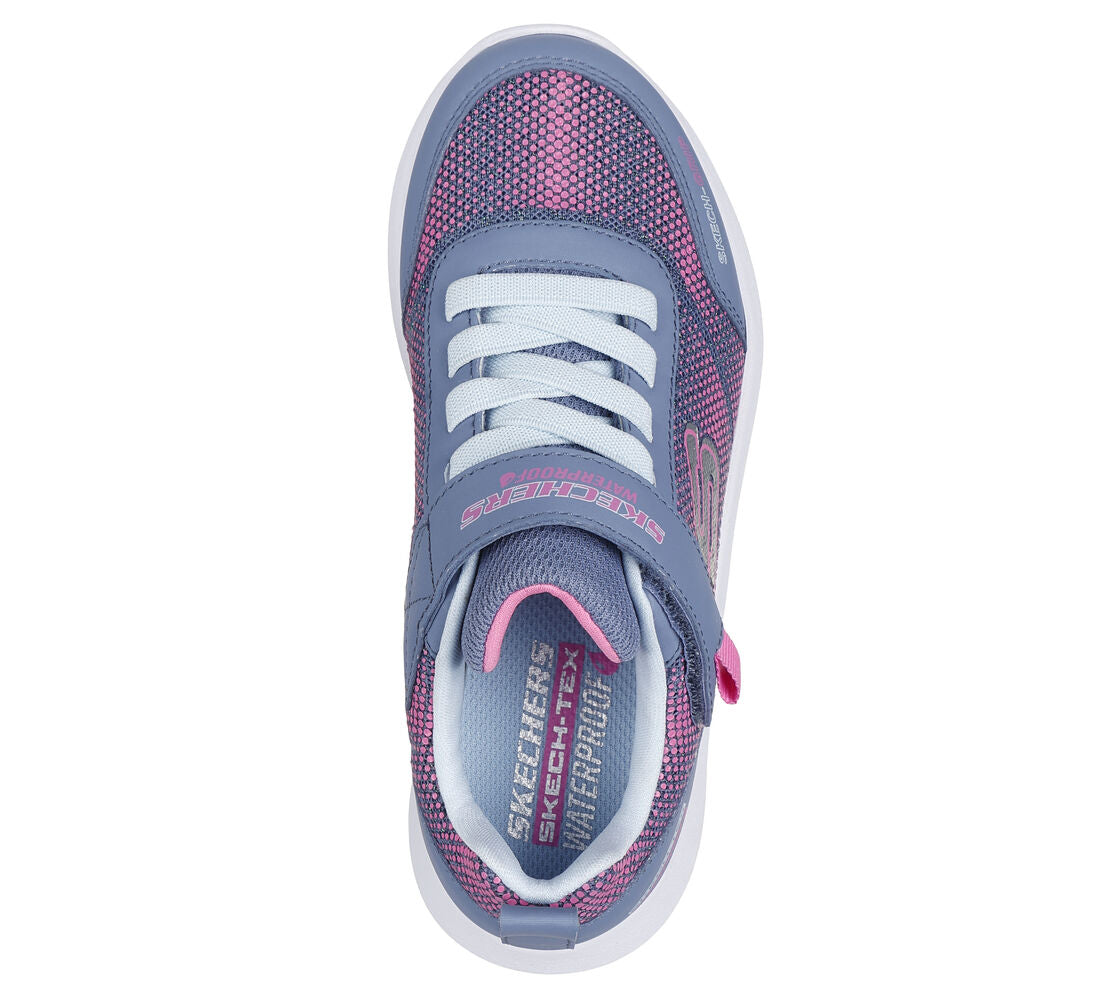 A girls waterproof trainer by Skechers, style Dynamic Tread Journey , in pink and charcoal synthetic with bungee lace and velcro fastening. Top view.