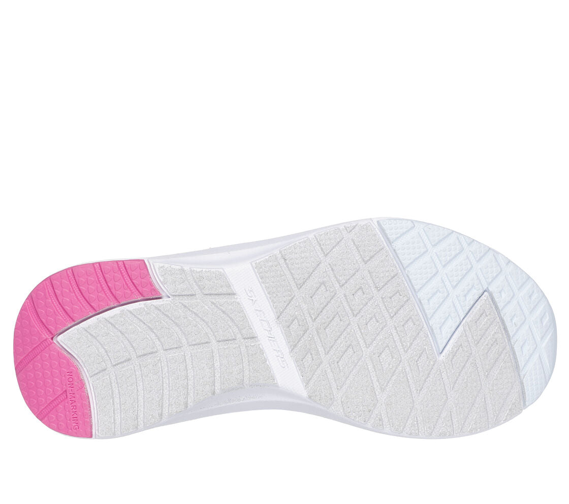 A girls waterproof trainer by Skechers, style Dynamic Tread Journey , in pink and charcoal synthetic with bungee lace and velcro fastening. Sole view.