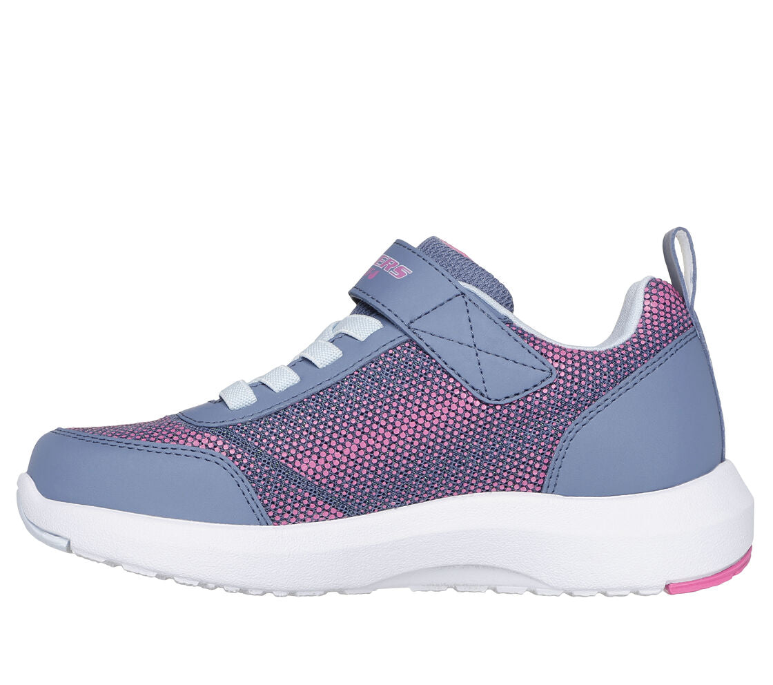 A girls waterproof trainer by Skechers, style Dynamic Tread Journey , in pink and charcoal synthetic with bungee lace and velcro fastening. Right inside view.
