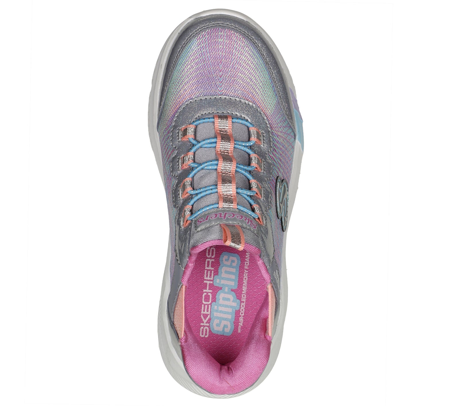 Skechers Colourful Prism girls slip-in trainer in grey and multi coloured textile print. elastic lace and the Skechers branding. Top view.