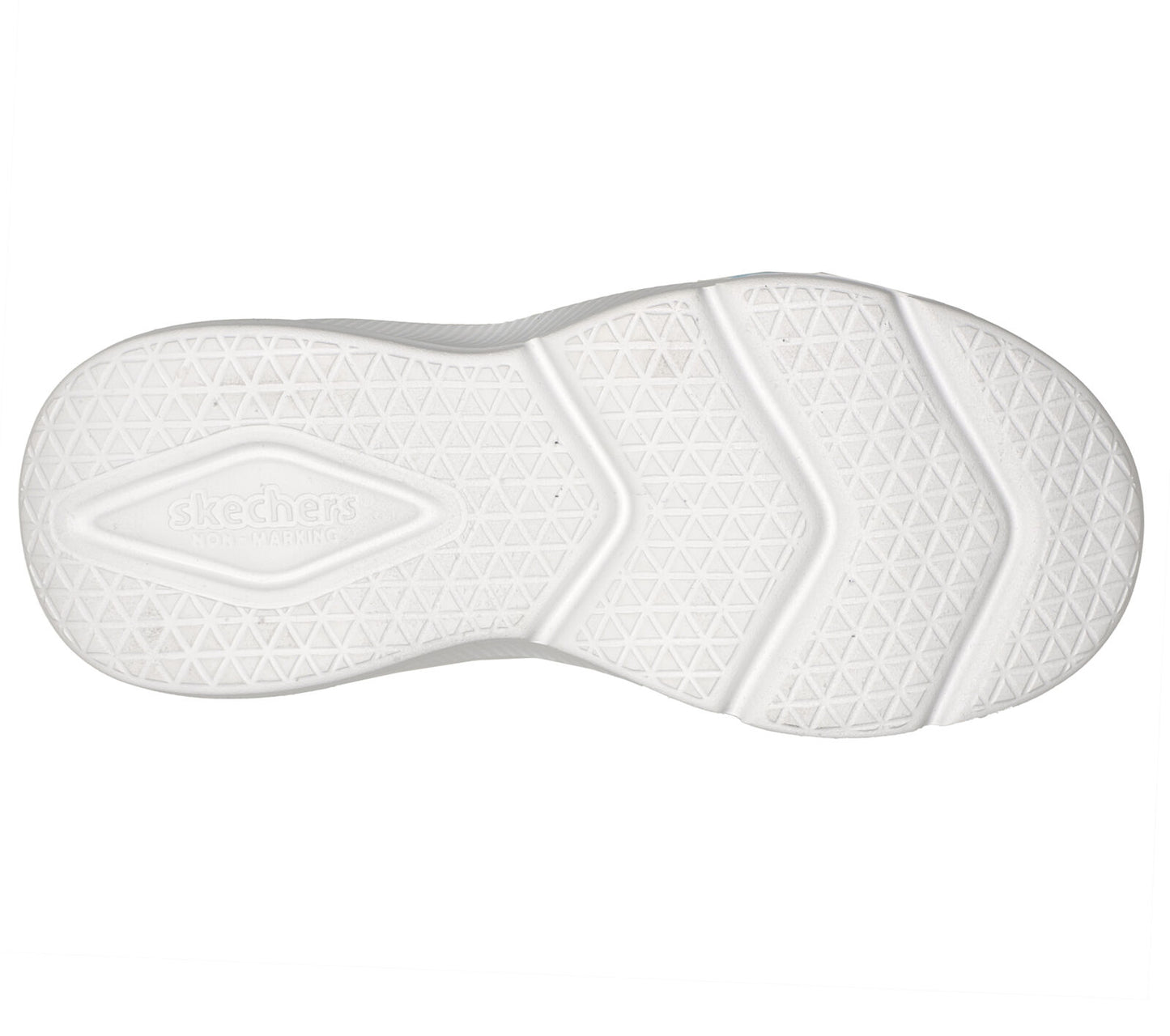 Skechers Colourful Prism girls slip-in trainer in grey and multi coloured textile print. elastic lace and the Skechers branding. Sole view.