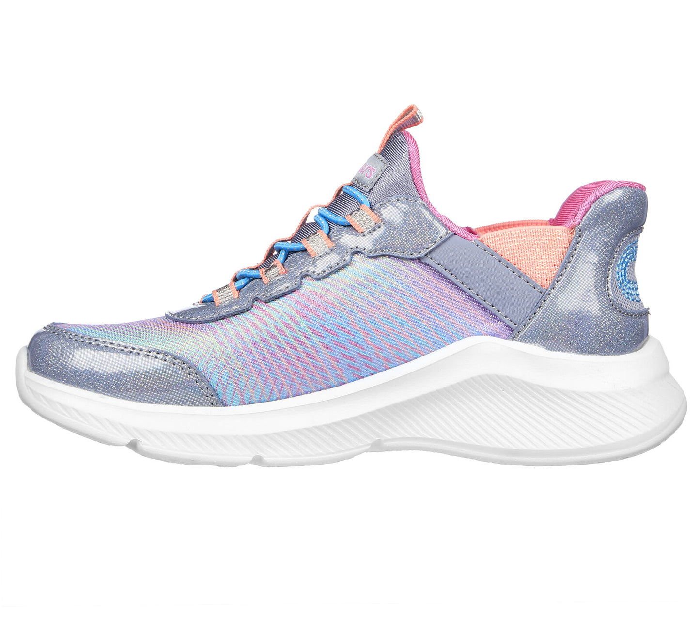 Skechers Colourful Prism girls slip-in trainer in grey and multi coloured textile print. elastic lace and the Skechers branding. Left side view.