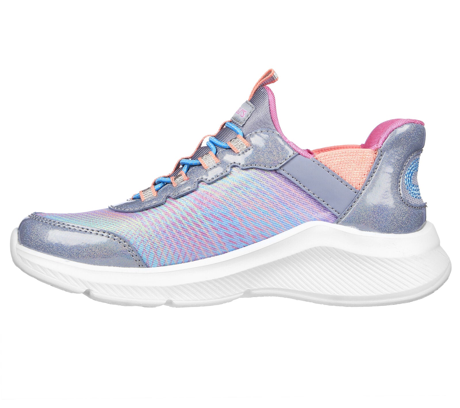 Skechers Colourful Prism girls slip-in trainer in grey and multi coloured textile print. elastic lace and the Skechers branding. Left side view.