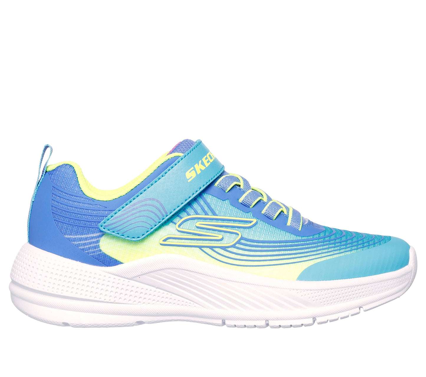A boys trainer by Skechers, style 303575N Microspec Advance, in turquoise and lime and velcro and elastic lace fastening. Right side view.