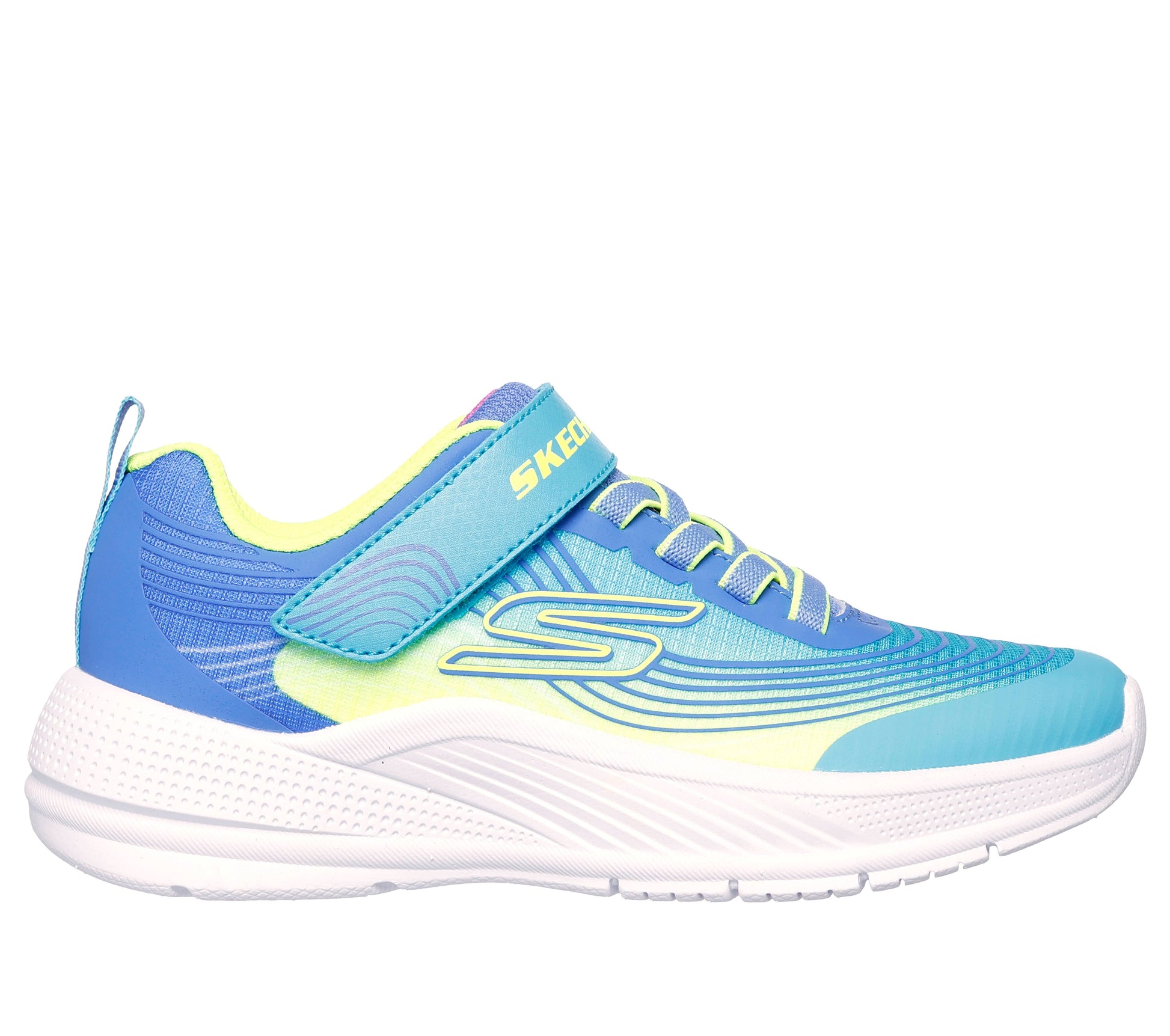 A boys trainer by Skechers, style 303575N Microspec Advance, in turquoise and lime and velcro and elastic lace fastening. Right side view.
