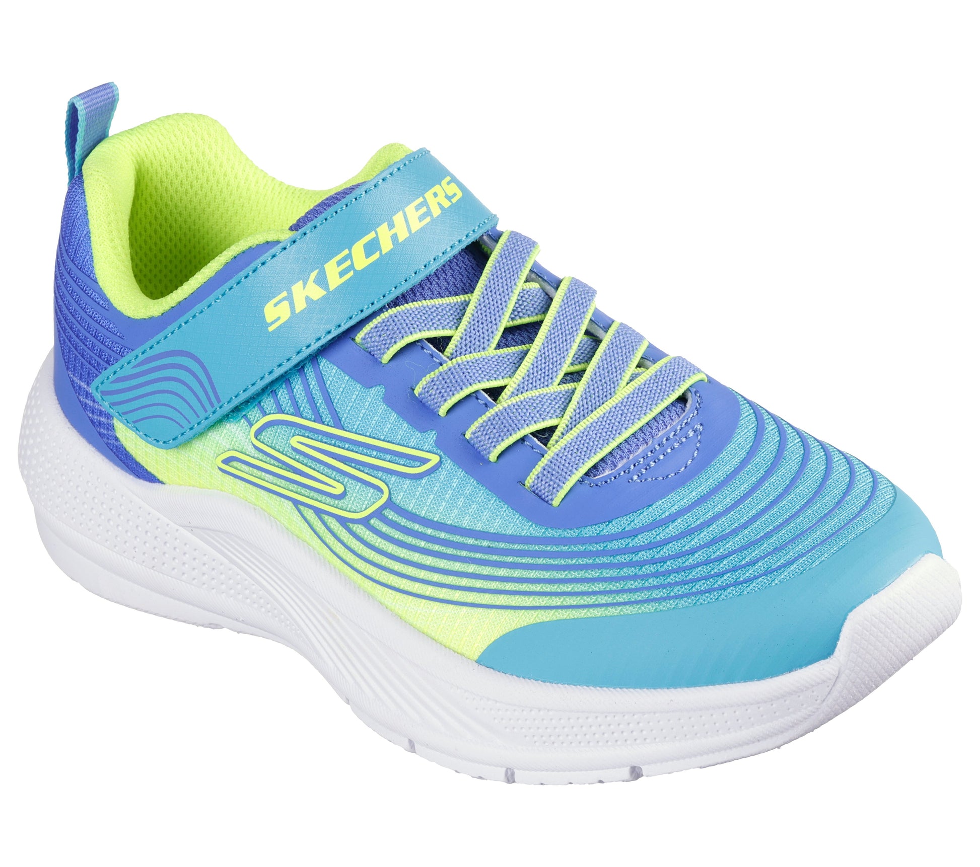 A boys trainer by Skechers, style 303575N Microspec Advance, in turquoise and lime and velcro and elastic lace fastening. Angled view.