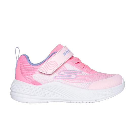 A girls trainer by Skechers, style 303575N Microspec Advance, in pink with lilac trim and velcro and elastic lace fastening. Right side view.