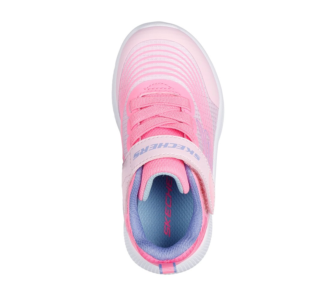 A girls trainer by Skechers, style 303575N Microspec Advance, in pink with lilac trim and velcro and elastic lace fastening. View from above.