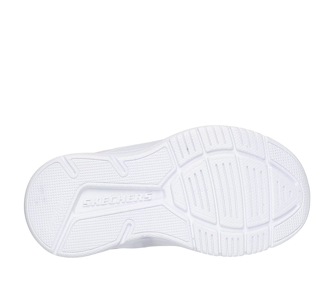 A girls trainer by Skechers, style 303575N Microspec Advance, in pink with lilac trim and velcro and elastic lace fastening. View of sole.