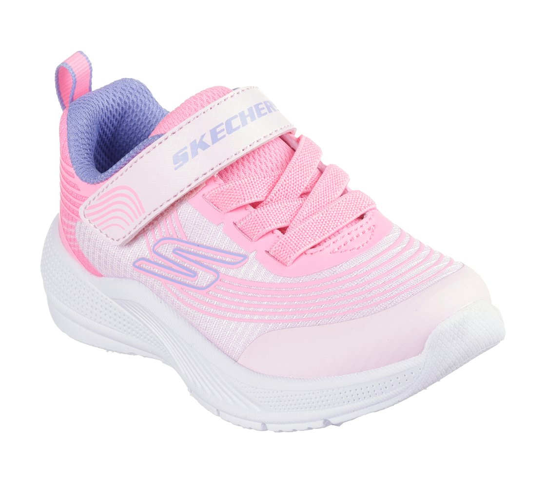 A girls trainer by Skechers, style 303575N Microspec Advance, in pink with lilac trim and velcro and elastic lace fastening. Angled view.