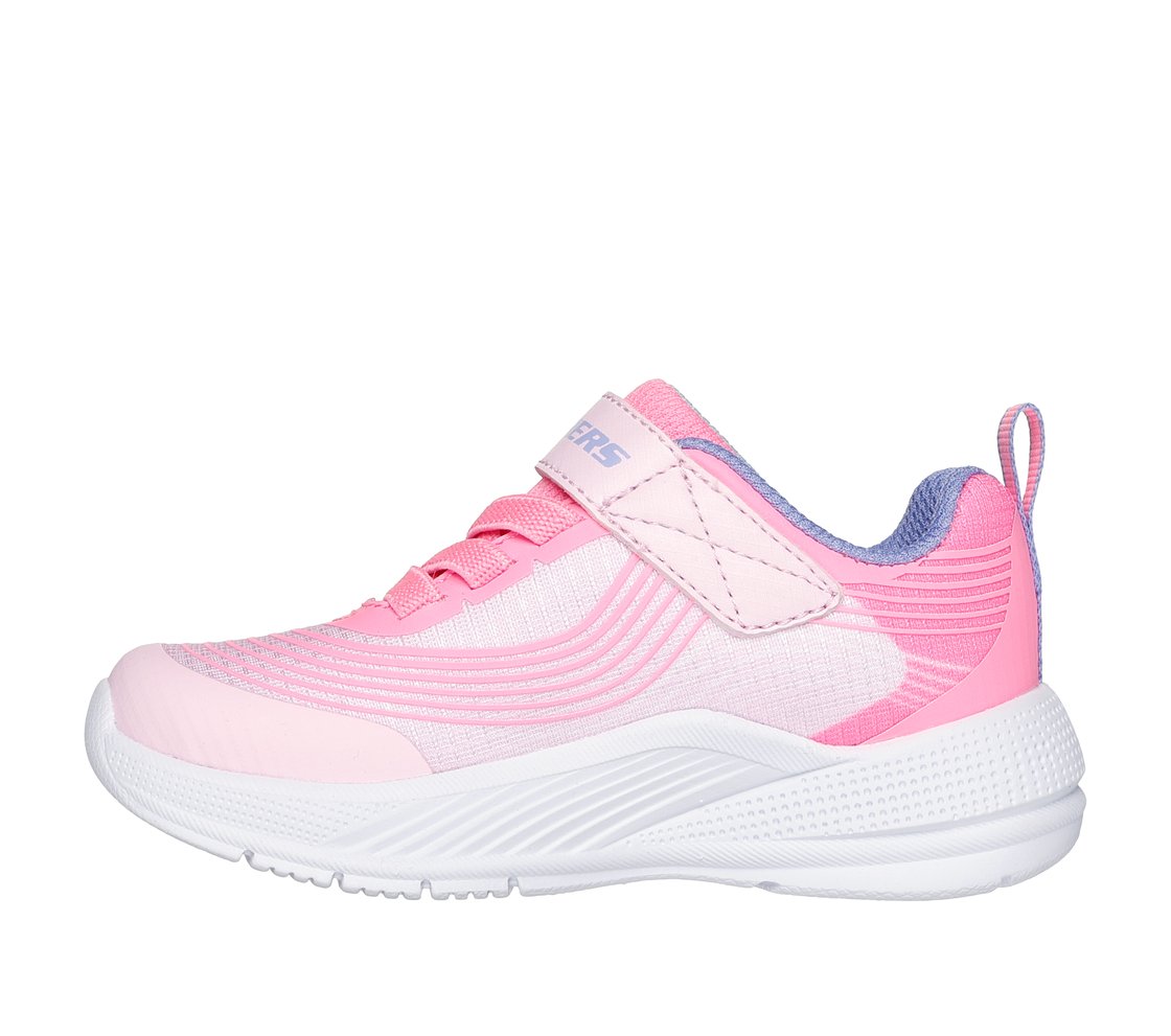 A girls trainer by Skechers, style 303575N Microspec Advance, in pink with lilac trim and velcro and elastic lace fastening. Left side view.