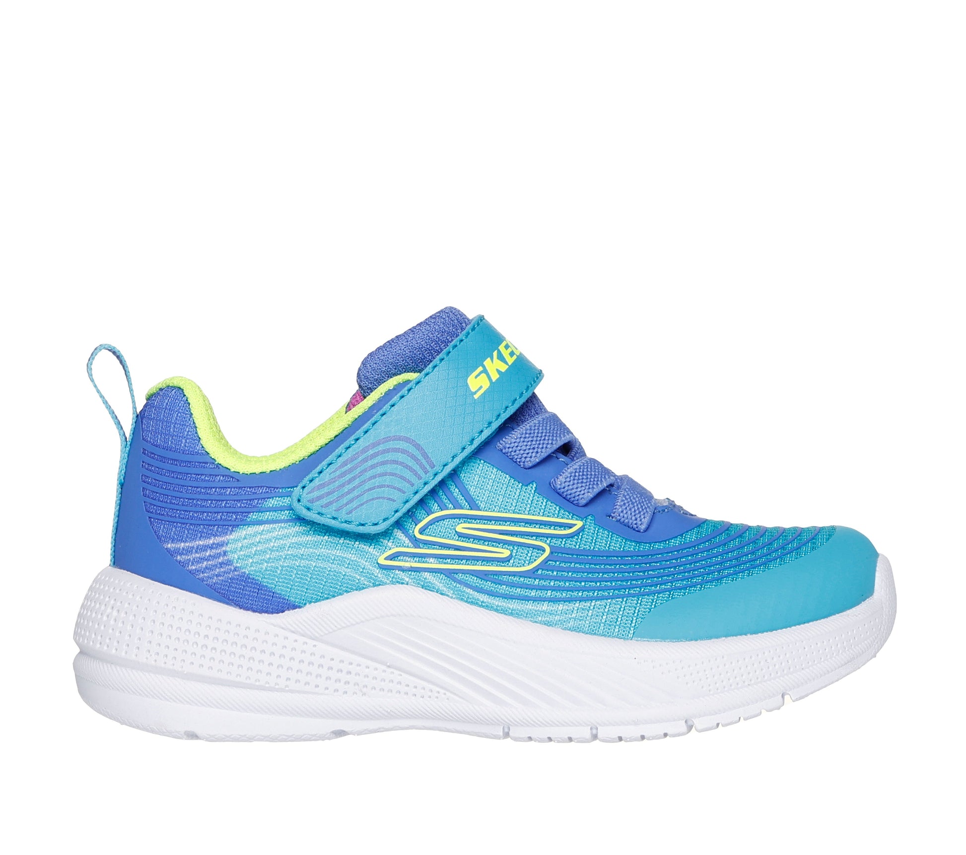 A boys trainer by Skechers, style 303575N Microspec Advance, in turquoise and lime and velcro and elastic lace fastening. Right side view.