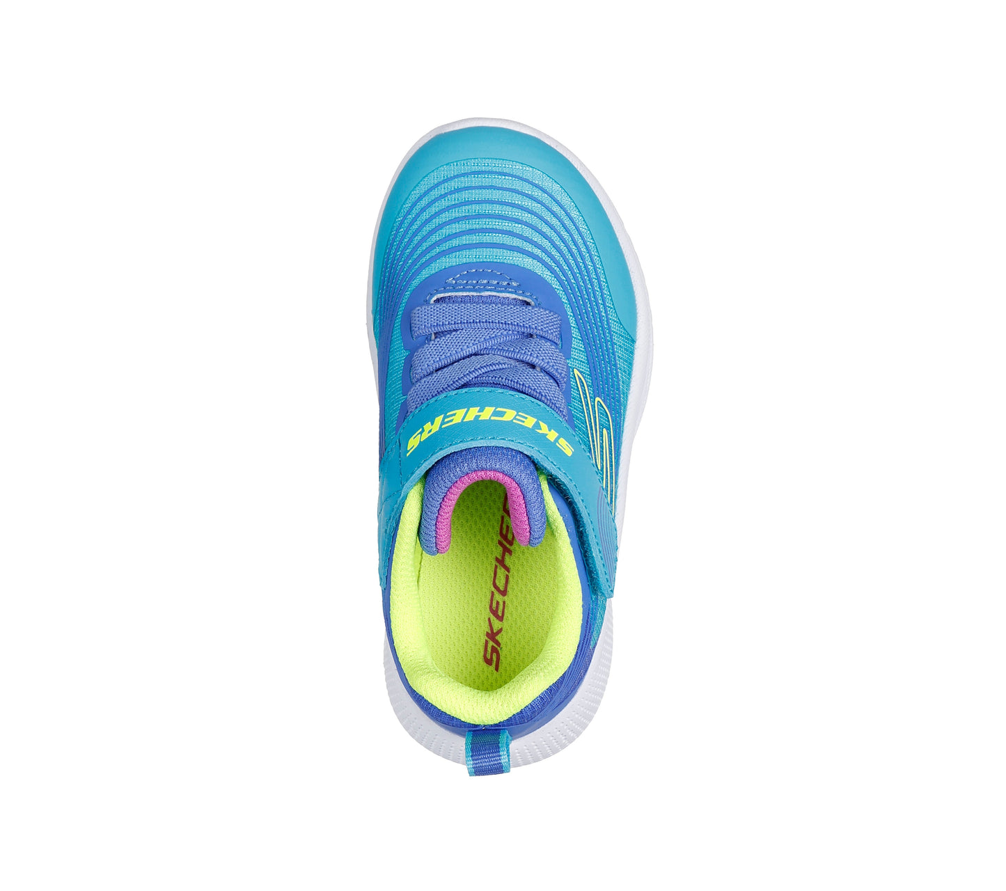 A boys trainer by Skechers, style 303575N Microspec Advance, in blue with lime trim and velcro and elastic lace fastening. View from above.