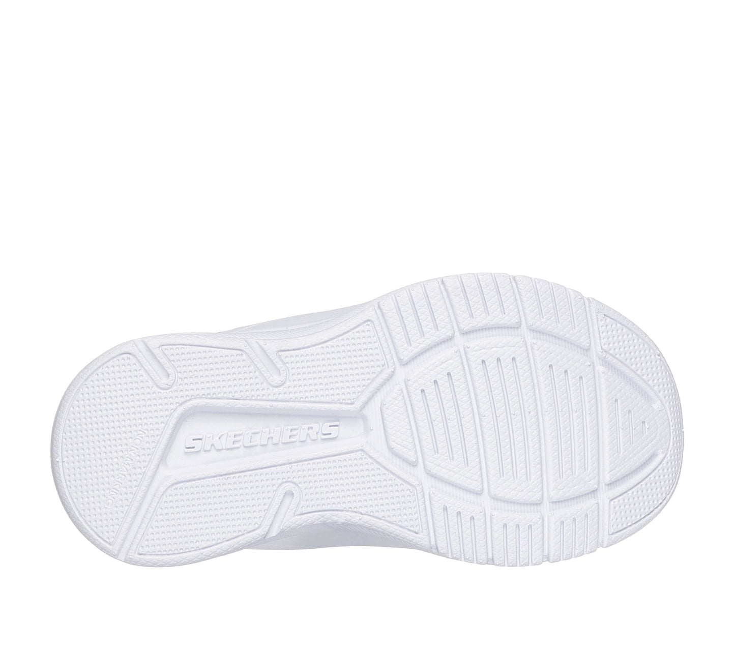 A boys trainer by Skechers, style 303575N Microspec Advance, in blue with lime trim and velcro and elastic lace fastening. Sole view.