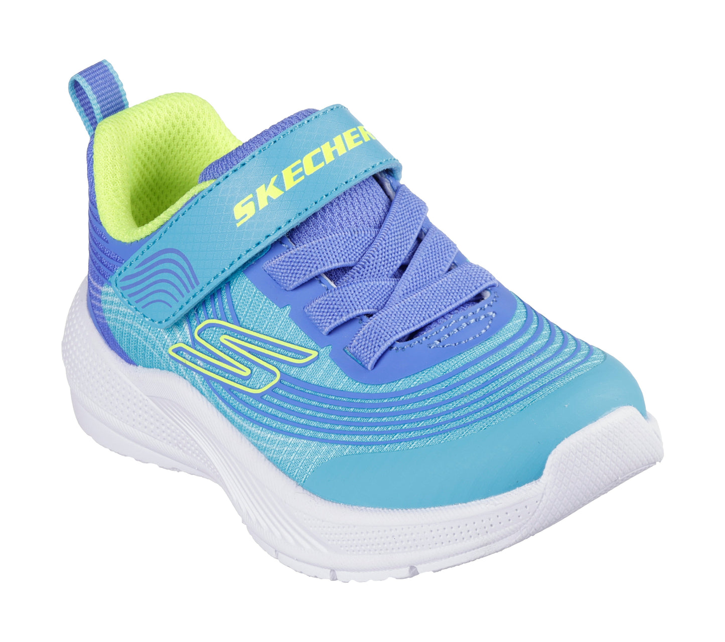 A boys trainer by Skechers, style 303575N Microspec Advance, in blue with lime trim and velcro and elastic lace fastening. Angled view.
