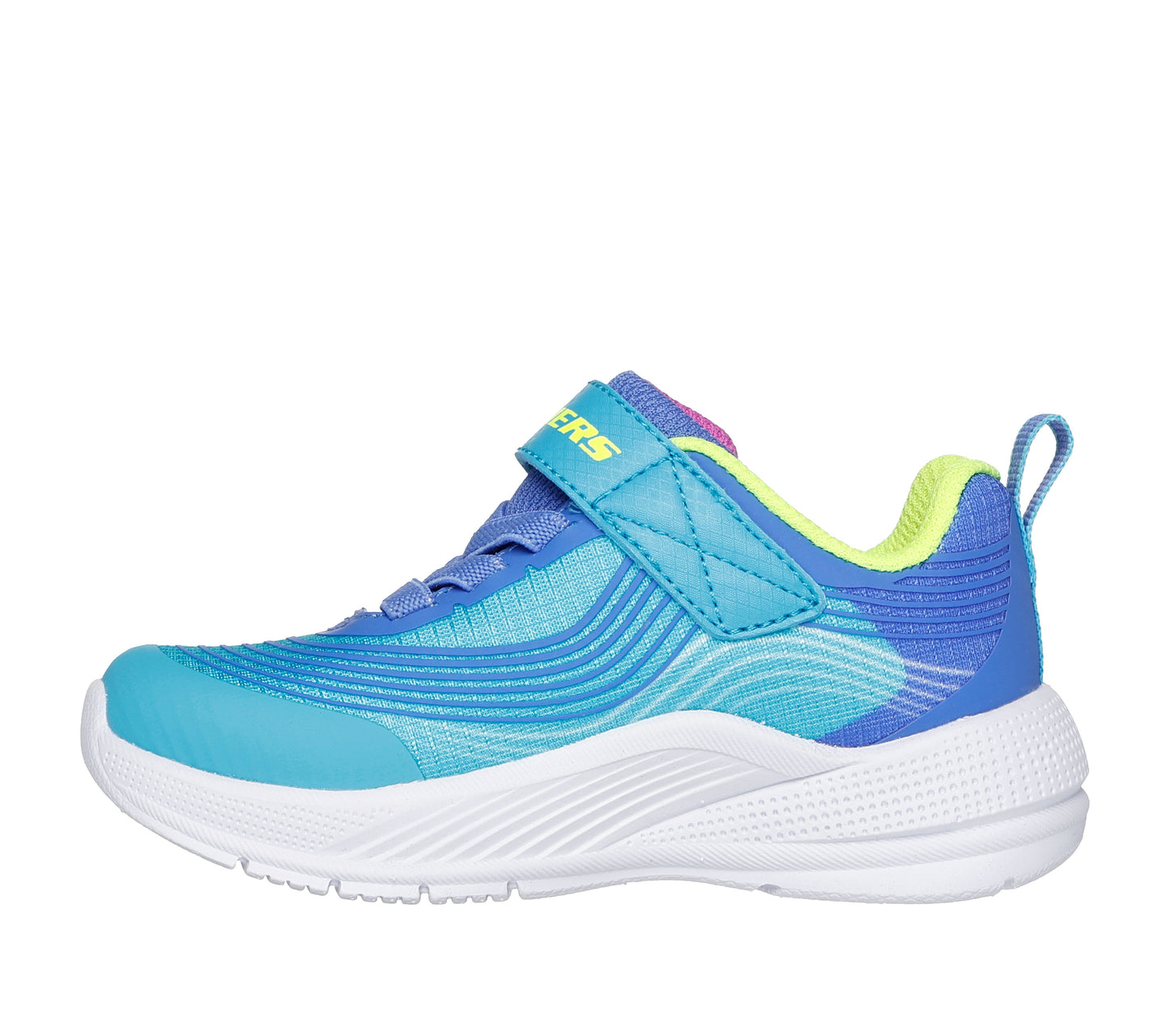 A boys trainer by Skechers, style 303575N Microspec Advance, in blue with lime trim and velcro and elastic lace fastening. Left side view.