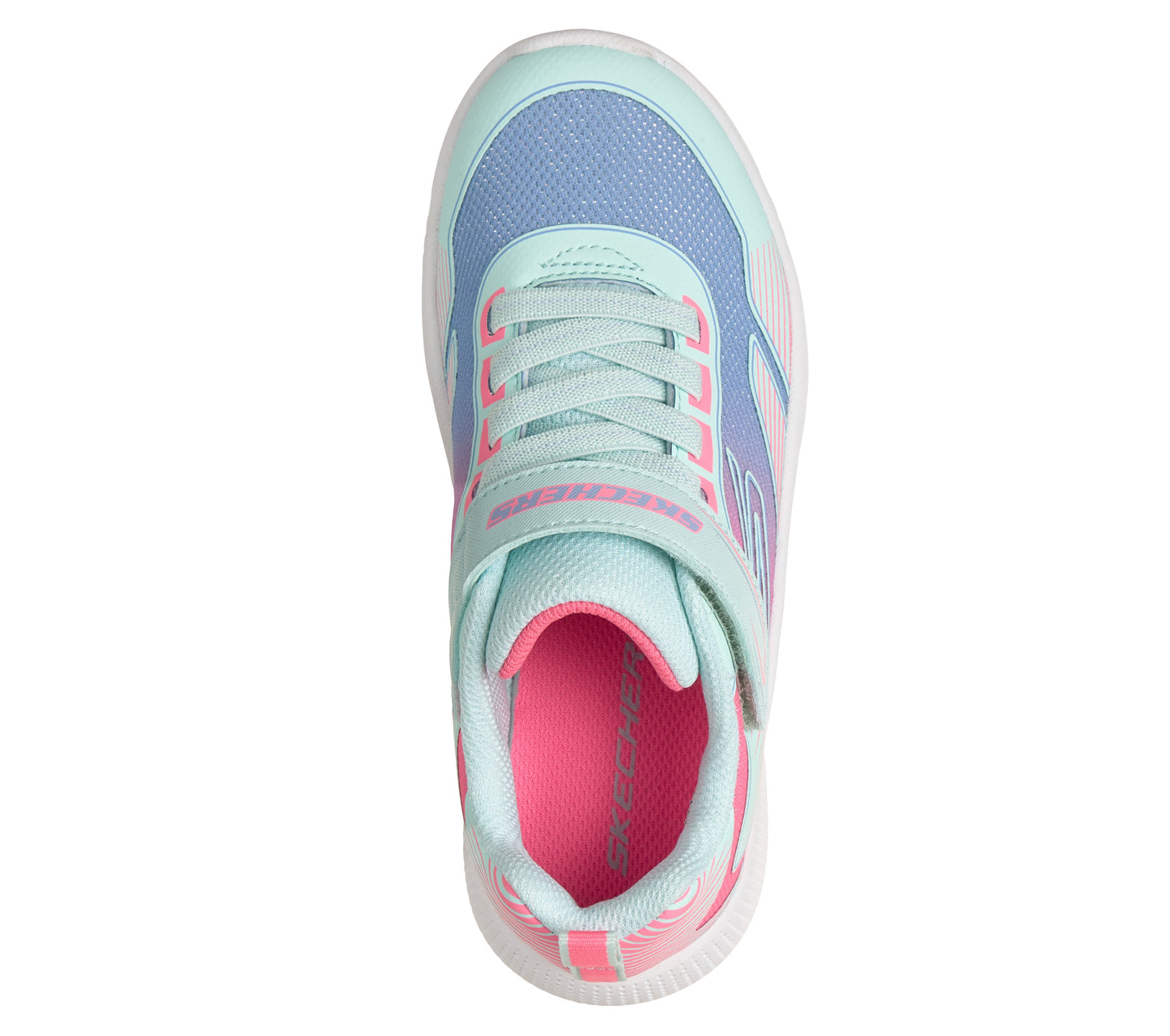 A girls trainer by Skechers, style Microspec Advance in aqua/multi with velcro strap and elastic laces and pink/blue ombre pattern with logo on side. Top view