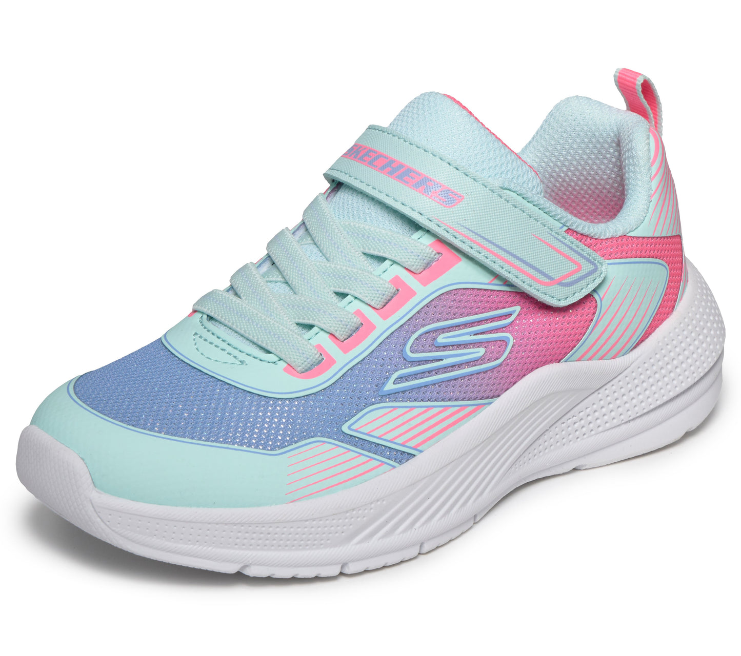 A girls trainer by Skechers, style Microspec Advance in aqua/multi with velcro strap and elastic laces and pink/blue ombre pattern with logo on side. Angled side view